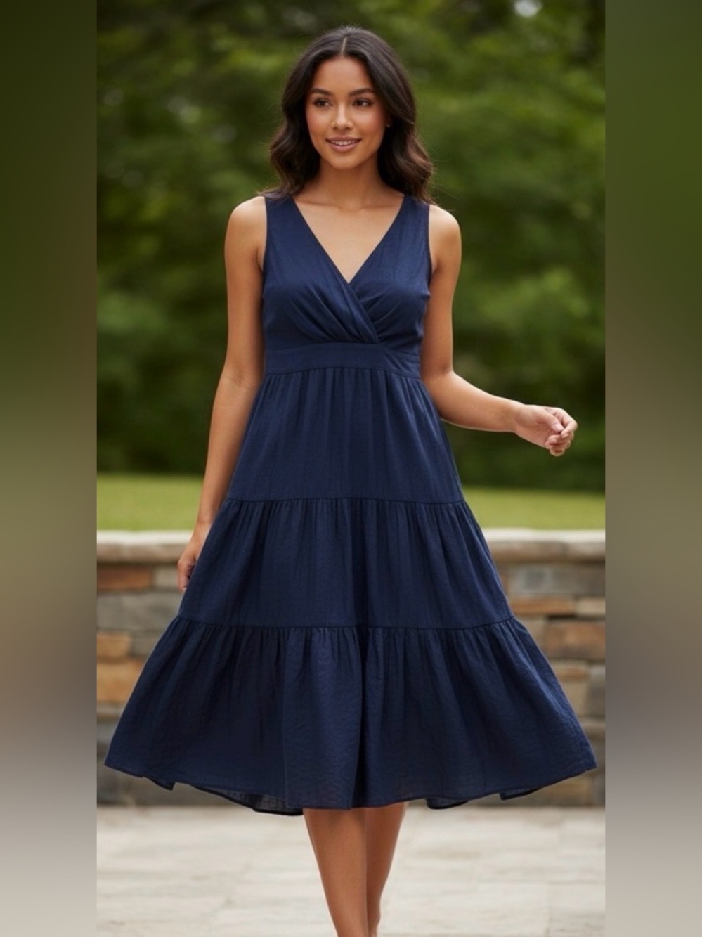 LAUREN Ralph Lauren Vtg Navy Silk Blend Tiered Sleeveless Midi Dress 4 Surplice